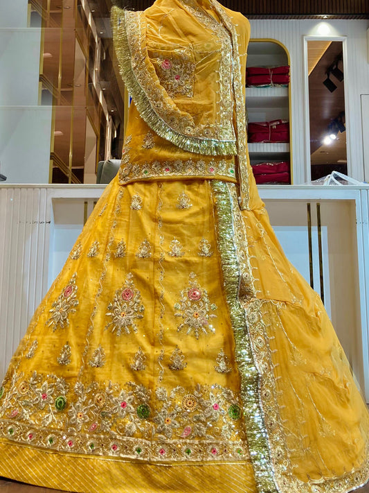 Tissue Organza Premium quality Rajputi Poshak In Yellow color-91509