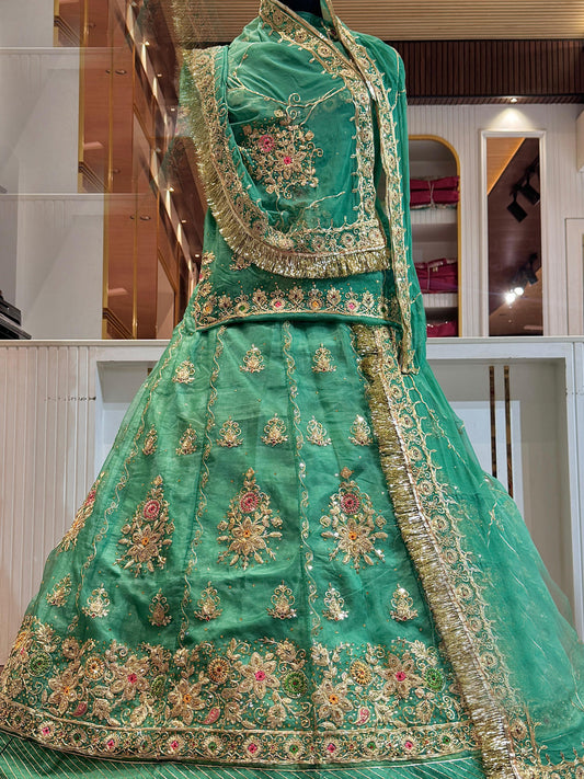 Tissue Organza Premium quality Rajputi Poshak In Green color-91508
