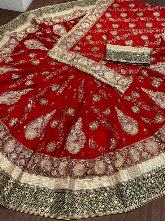 Vintage Georgette 6.5 Miter full Gher Premium quality Rajputi Poshak In Red color-91502