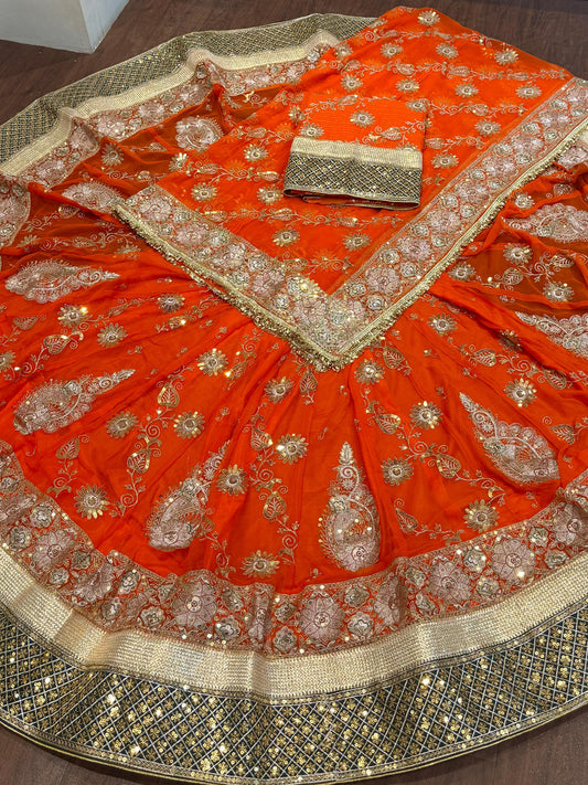 Vintage Georgette 6.5 Miter full Gher Premium quality Rajputi Poshak In Orange color-91501