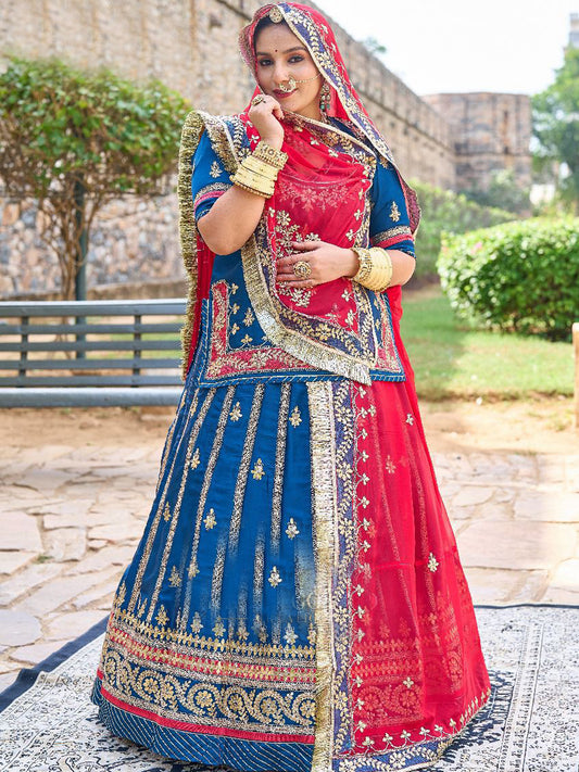 Makhmali Satin 24 Kali festive Wedding Rajputi Poshak In Red and Blue color-91510