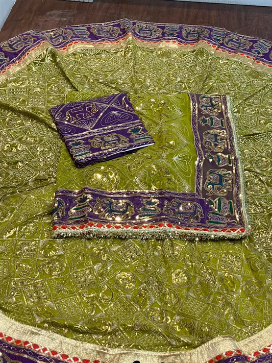 Georgette 7 Meter full Gher Premium quality Vintage Rajputi Poshak In Green color-91544