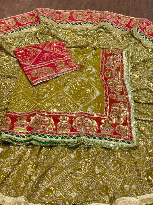 Georgette 7 Meter full Gher Premium quality Vintage Rajputi Poshak In Green color-91542