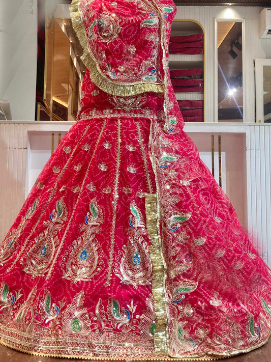 Georgette Chunri Vintage Rajputi Poshak: Traditional Wedding 5 meter Flare Gher Lehenga with Gotta Work -91549