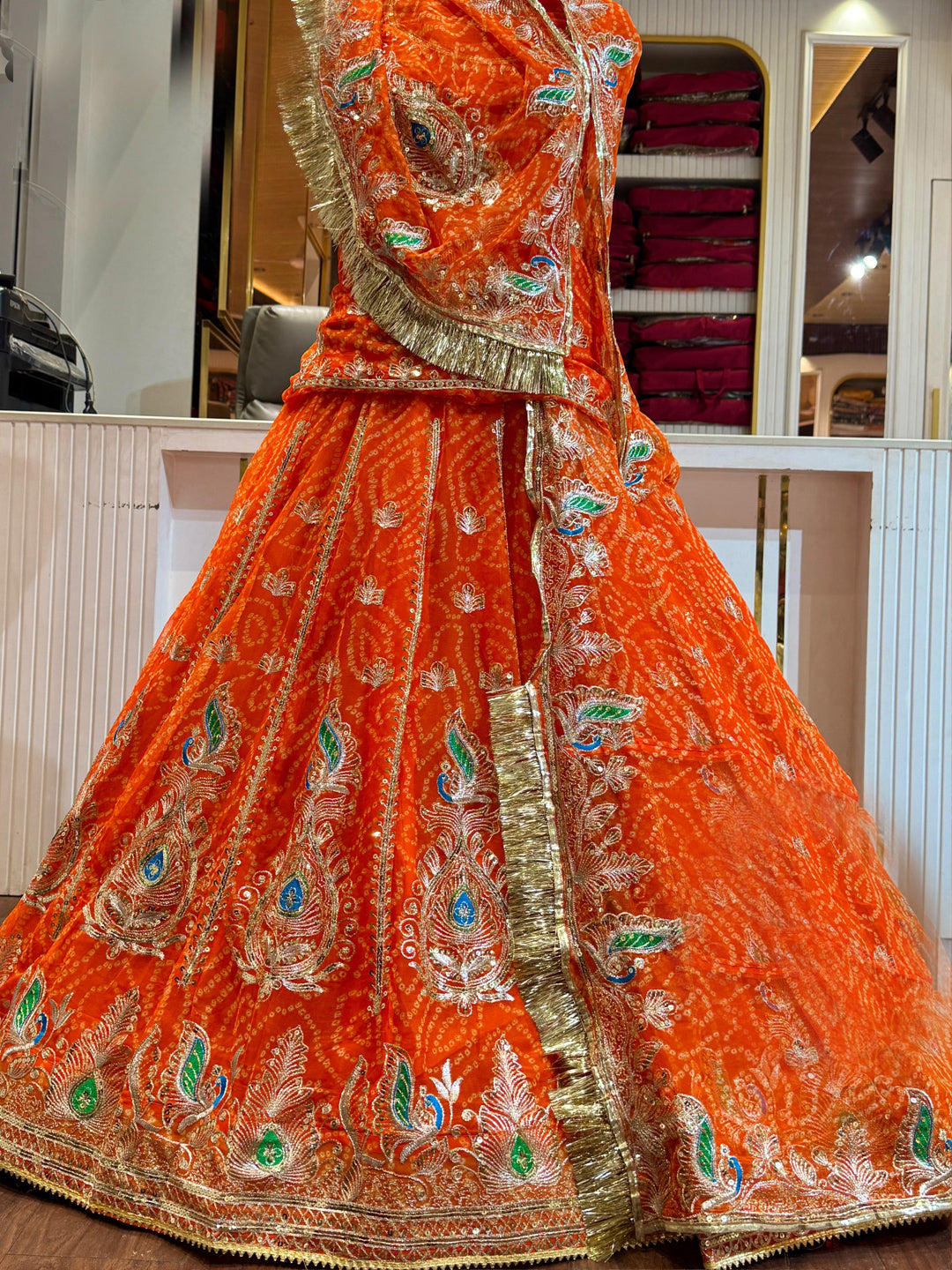 Georgette Chunri Vintage Rajputi Poshak: Traditional Wedding 5 meter Flare Gher Lehenga with Gotta Work -91550