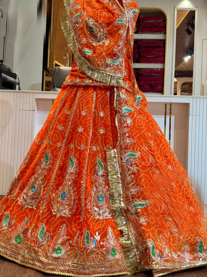 Georgette Chunri Vintage Rajputi Poshak: Traditional Wedding 5 meter Flare Gher Lehenga with Gotta Work -91550