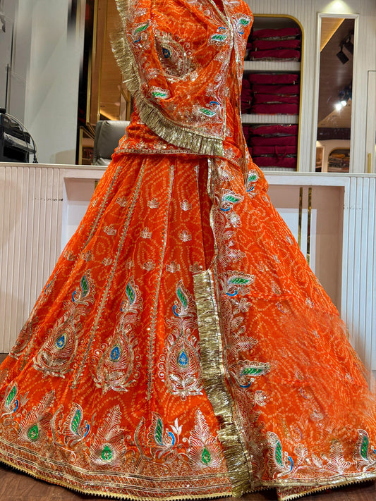 Georgette Chunri Vintage Rajputi Poshak: Traditional Wedding 5 meter Flare Gher Lehenga with Gotta Work -91550