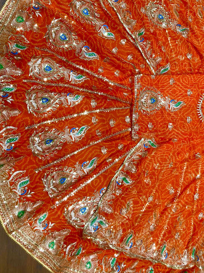Georgette Chunri Vintage Rajputi Poshak: Traditional Wedding 5 meter Flare Gher Lehenga with Gotta Work -91550