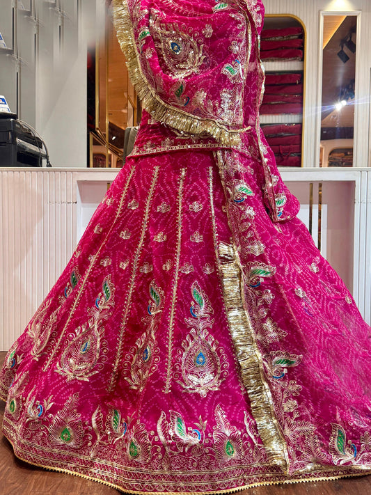 Georgette Chunri Vintage Rajputi Poshak: Traditional Wedding 5 meter Flare Gher Lehenga with Gotta Work -91552