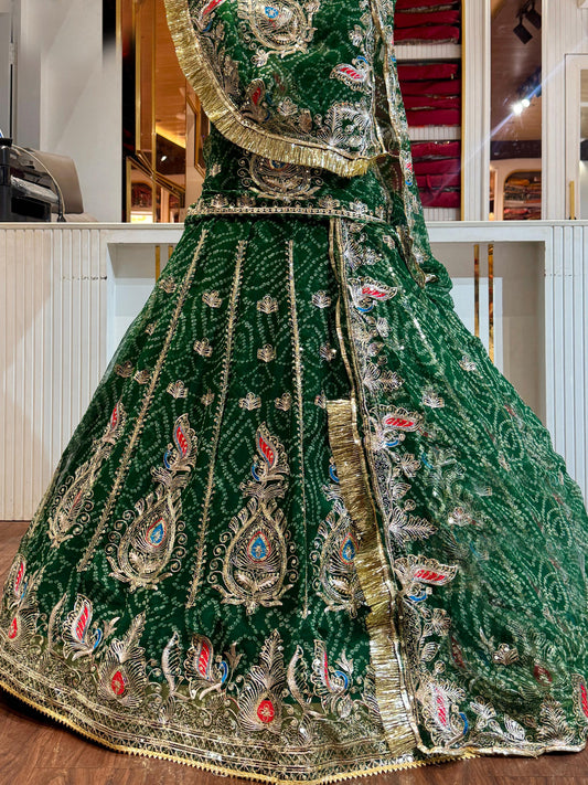 Georgette Chunri Vintage Rajputi Poshak: Traditional Wedding 5 meter Flare Gher Lehenga with Gotta Work -91551
