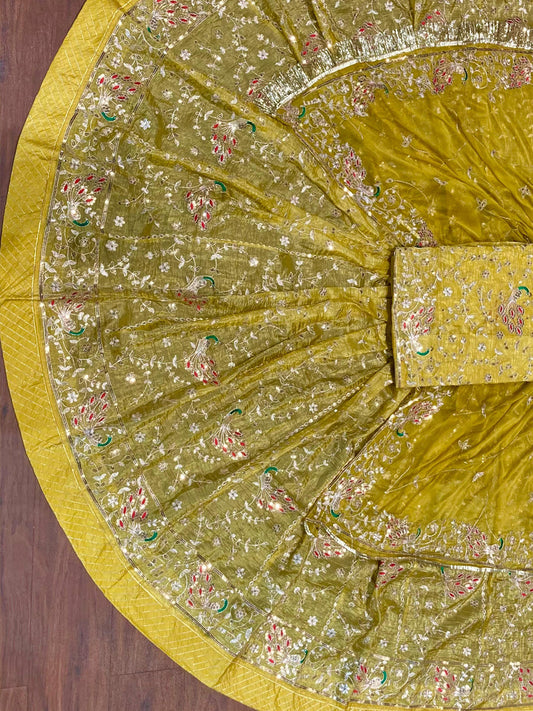 Gold Crush 4 Meter Gher Premium quality Vintage Rajputi Poshak In Yellow color-91521