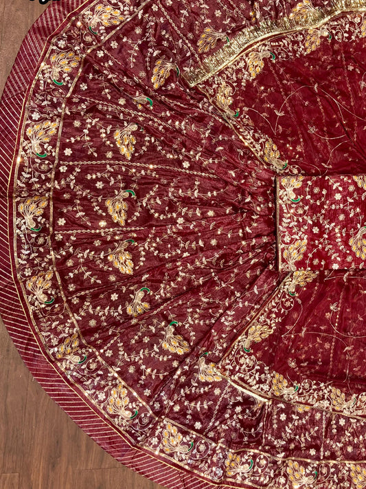 Gold Crush 4 Meter Gher Premium quality Vintage Rajputi Poshak In Maroon color-91527