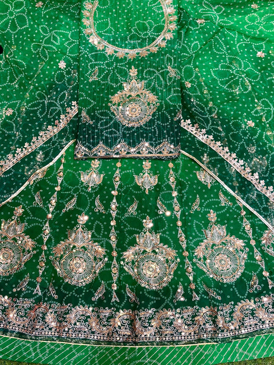 Chunnari Royal Pure Sequence Work Bright Green color Rajputi Poshak color-91555