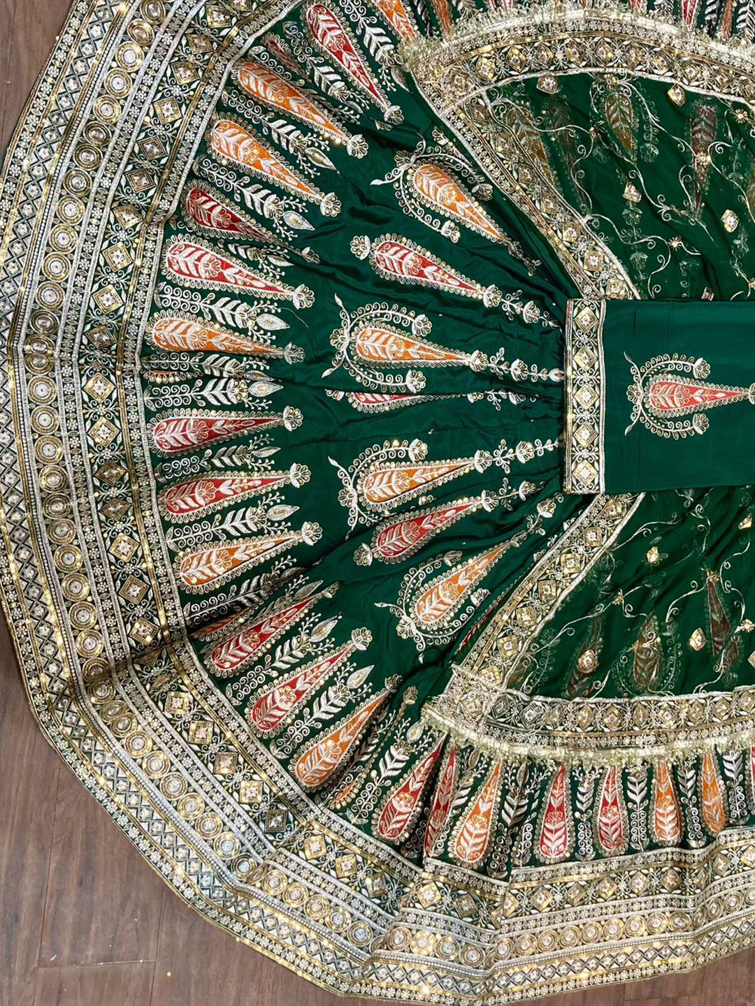 Crepe Silk Humarahi Odhani Barik Zarik Work Rajputi Poshak in Green color-91562