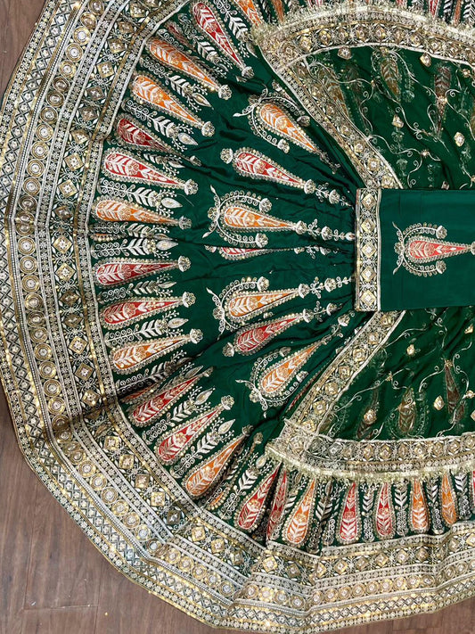 Crepe Silk Humarahi Odhani Barik Zarik Work Rajputi Poshak in Green color-91562