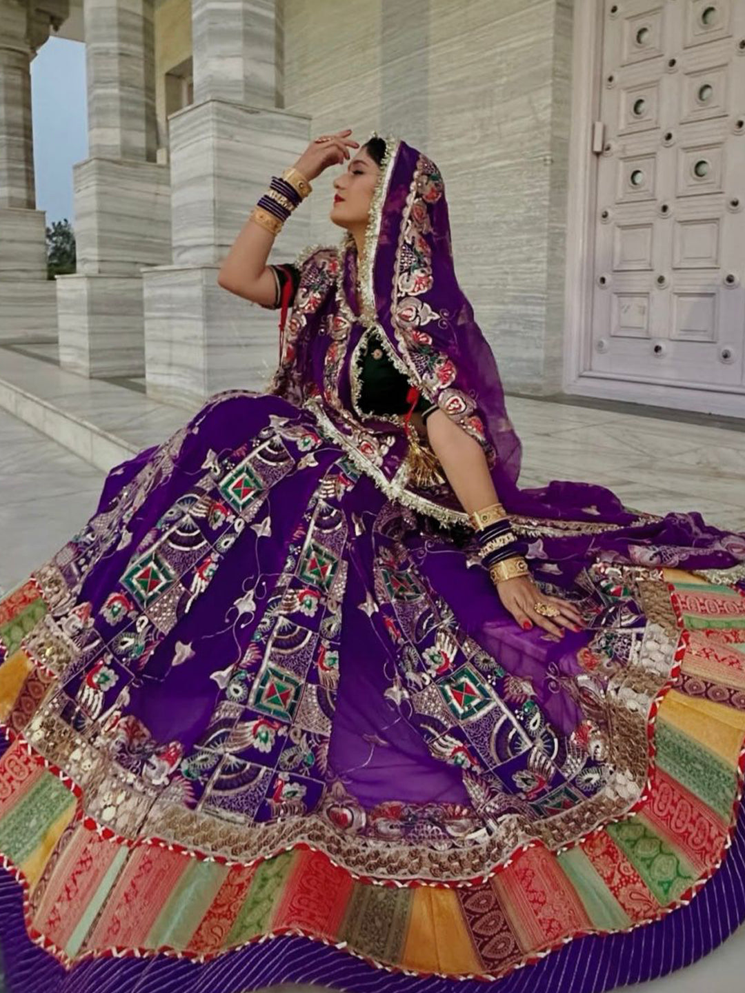 Georgette 7 Miter full Gher Premium quality Bridal Rajputi Poshak In Purple color-91581