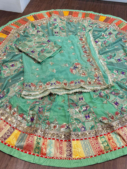 Georgette 7 Miter full Gher Premium quality Bridal Rajputi Poshak In Blue color-91578