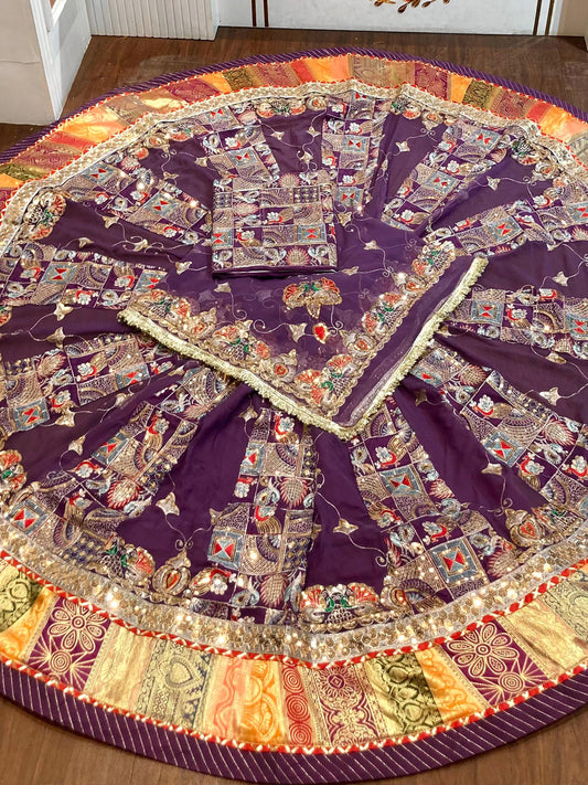 Crepe Silk Humarahi Odhani Barik Zarik Work Rajputi Poshak In Purple color-91576