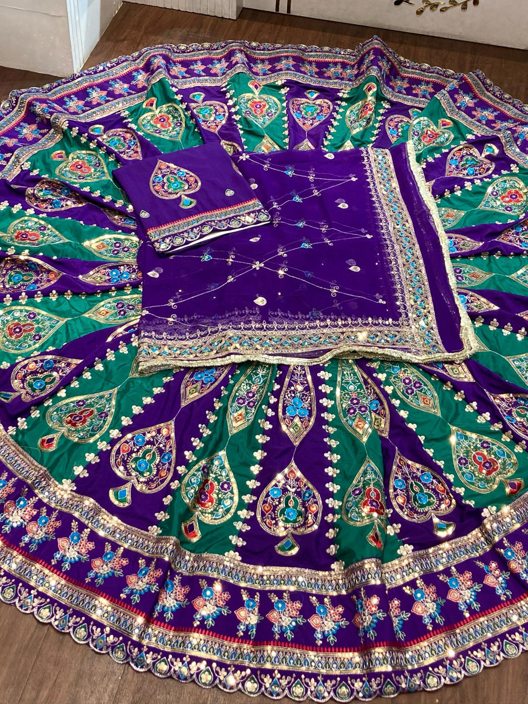 7 Miter full Gher Silk Crepe Premium quality Bridal Rajputi Poshak In Purple color-91575