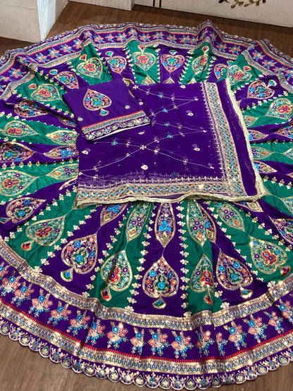 7 Miter full Gher Silk Crepe Premium quality Bridal Rajputi Poshak In Purple color-91575