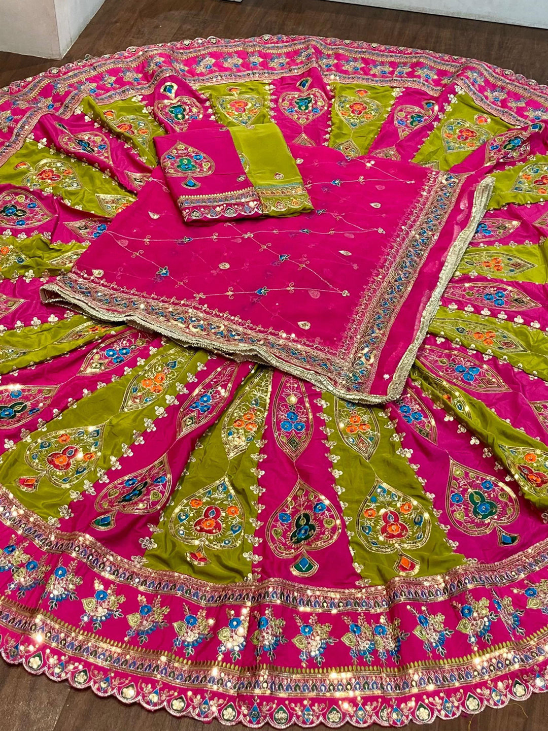 7 Miter full Gher Silk Crepe Premium quality Bridal Rajputi Poshak In Pink color-91572