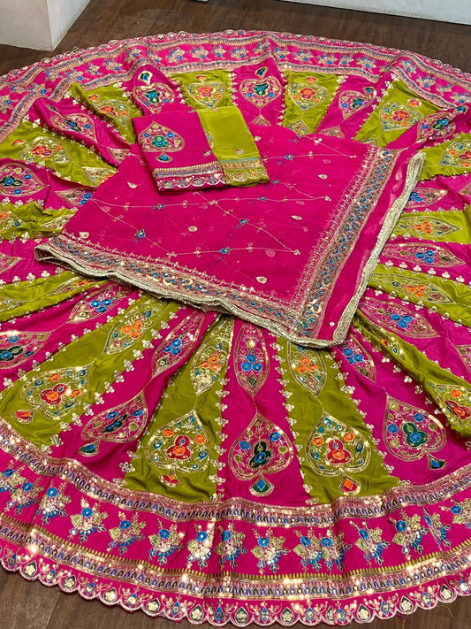 7 Miter full Gher Silk Crepe Premium quality Bridal Rajputi Poshak In Pink color-91572