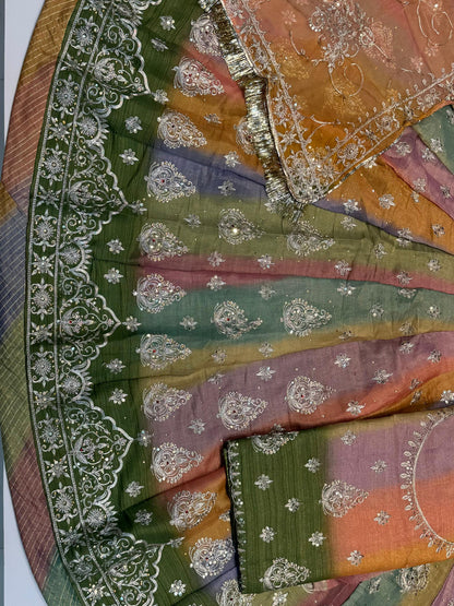 5 Miter full Gher Tesla Silk Multicolour Premium quality Rajputi Poshak Rajputi Suit-91599
