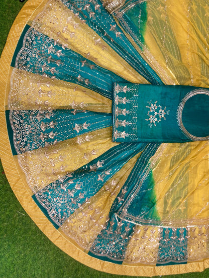 4 Miter full Gher Gold Crush Multicolour Premium quality Rajputi Poshak-91582