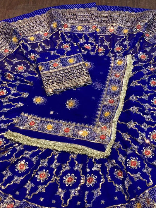 Royal Pure 8 Meter Flare Gher Premium quality Vintage Rajputi Poshak In Blue color-91644
