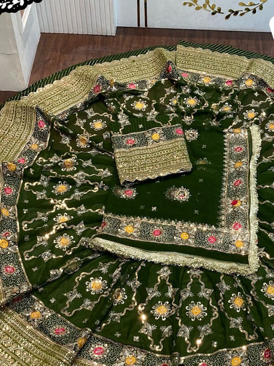 Royal Pure 8 Meter Flare Gher Premium quality Vintage Rajputi Poshak In green color-91641
