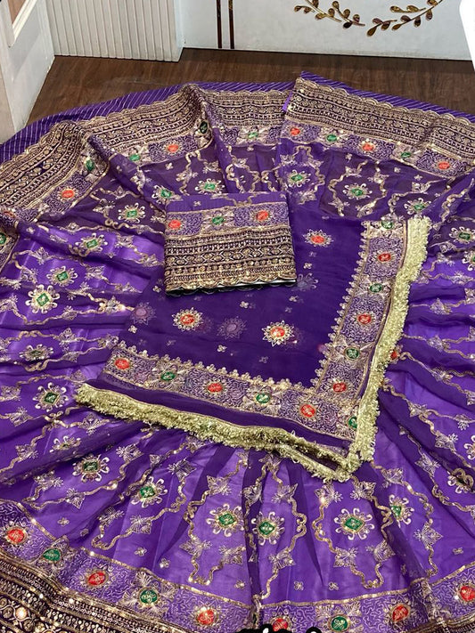 Royal Pure 8 Meter Flare Gher Premium quality Vintage Rajputi Poshak In Purple color-91640