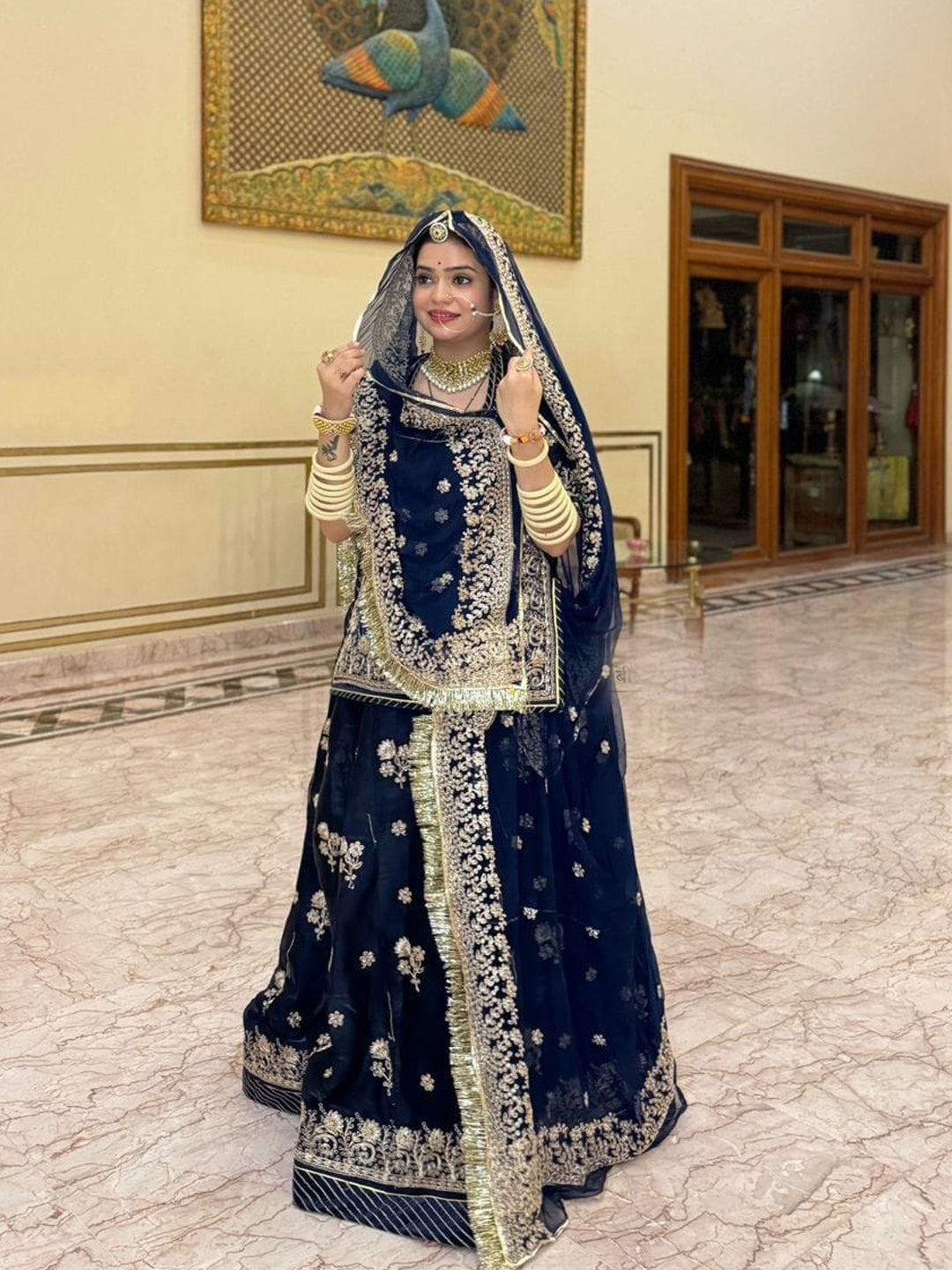 Tissue Partywear Sangeet Rajputi Poshak In Blue Color