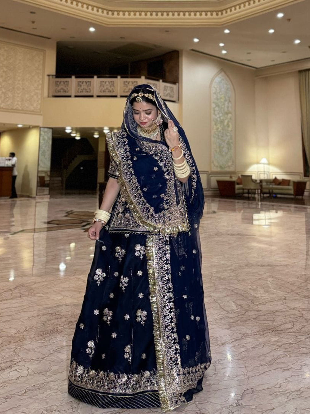 Tissue Partywear Sangeet Rajputi Poshak In Blue Color