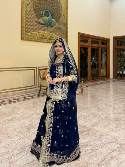 Tissue Partywear Sangeet Rajputi Poshak In Blue Color