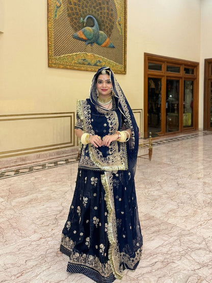 Tissue Partywear Sangeet Rajputi Poshak In Blue Color