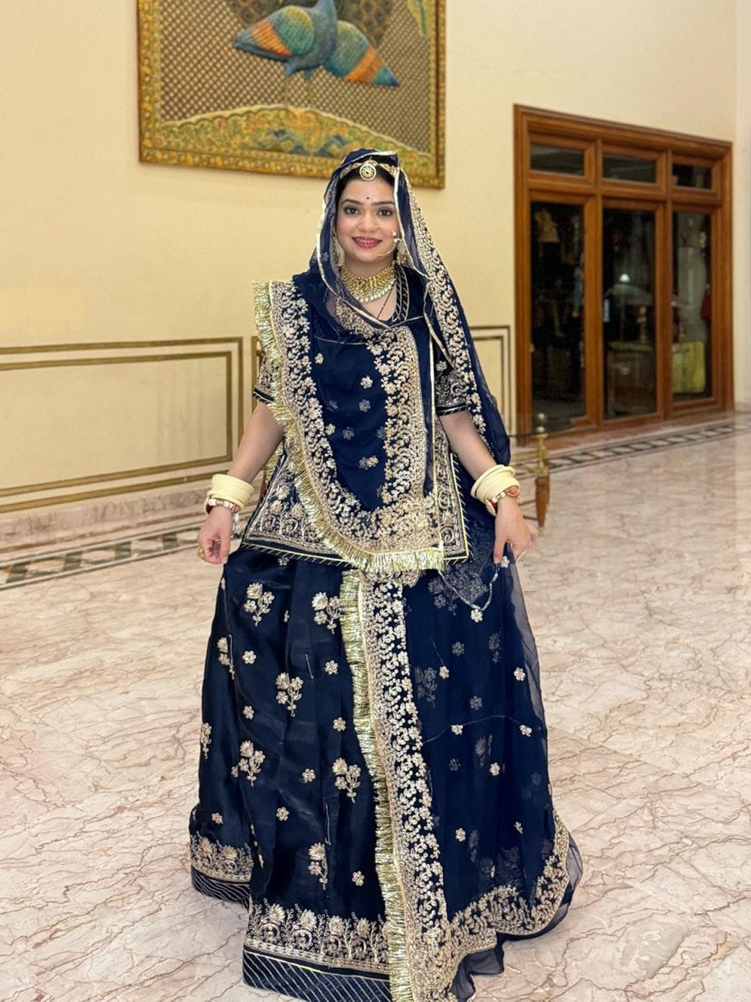 Tissue Partywear Sangeet Rajputi Poshak In Blue Color