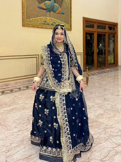 Tissue Partywear Sangeet Rajputi Poshak In Blue Color