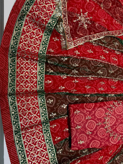Chunnari Bandhej 5 Meter Flare Gher Humrahi Pure Sequence Work Rajputi Poshak-91649