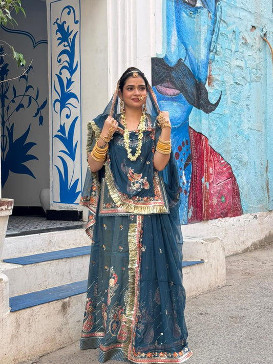 Tissue Silk Partywear Sangeet Rajputi Poshak In Blue Color-91663