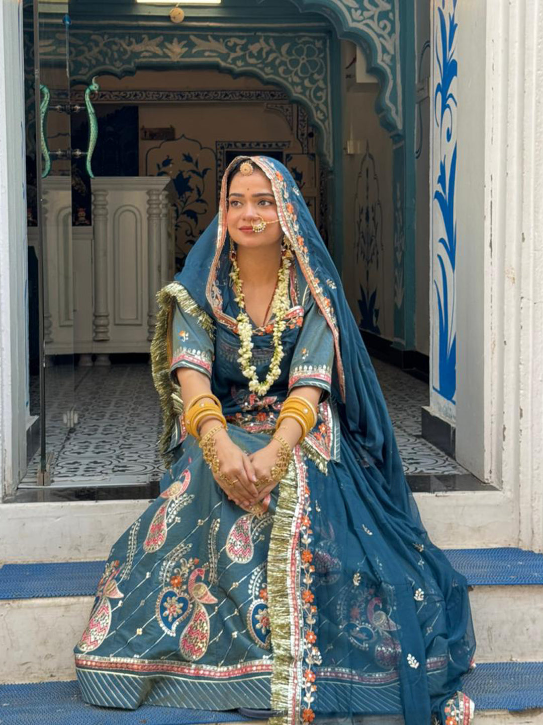 Tissue Silk Partywear Sangeet Rajputi Poshak In Blue Color-91663
