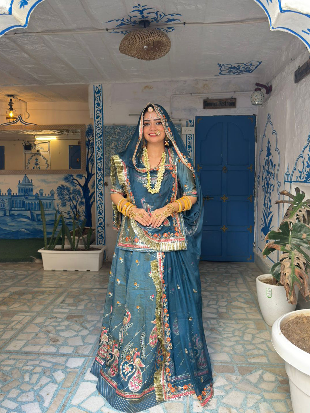 Tissue Silk Partywear Sangeet Rajputi Poshak In Blue Color-91663