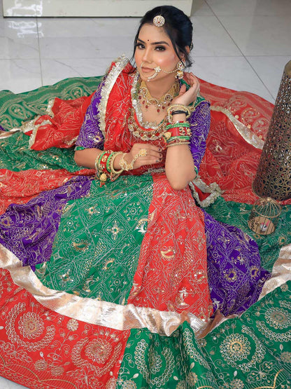 Georgette 7 Meter Flare Premium quality Bridal Rajputi Poshak In green and red color-91618