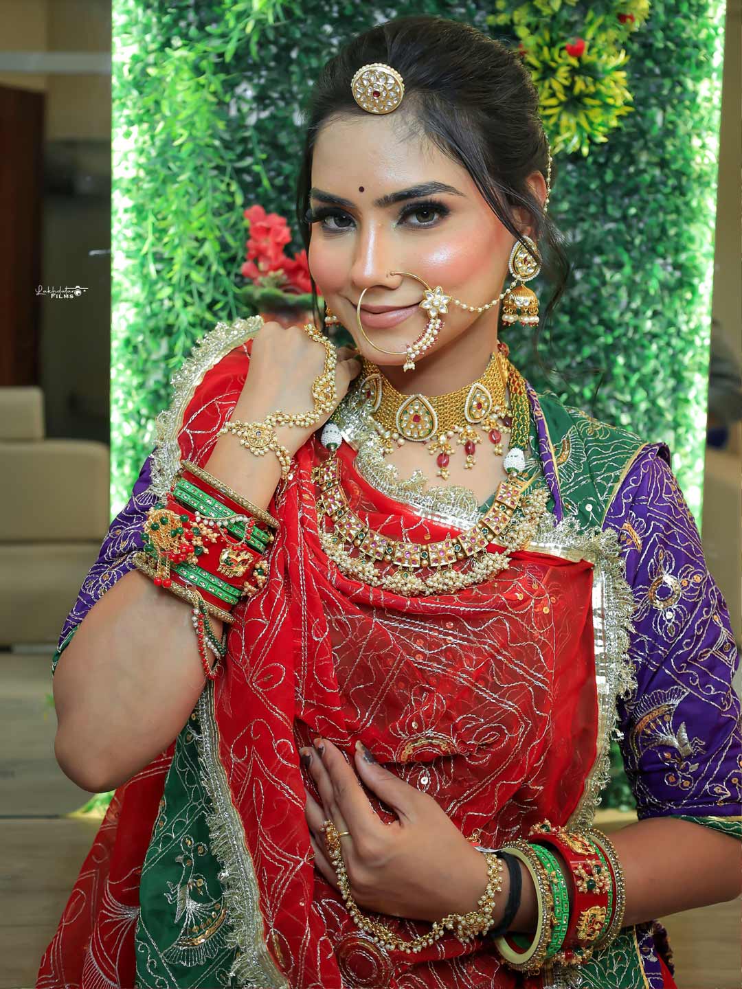 Georgette 7 Meter Flare Premium quality Bridal Rajputi Poshak In green and red color-91618