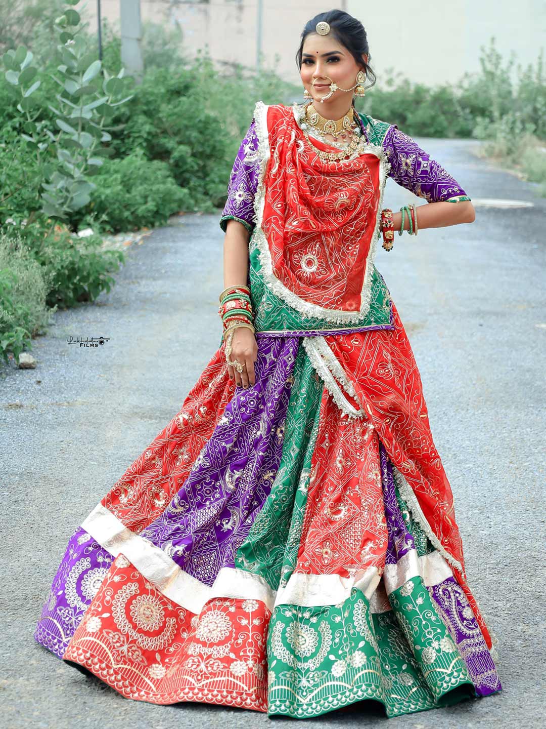 Georgette 7 Meter Flare Premium quality Bridal Rajputi Poshak In green and red color-91618