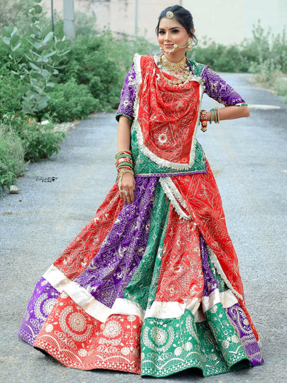Georgette 7 Meter Flare Premium quality Bridal Rajputi Poshak In green and red color-91618