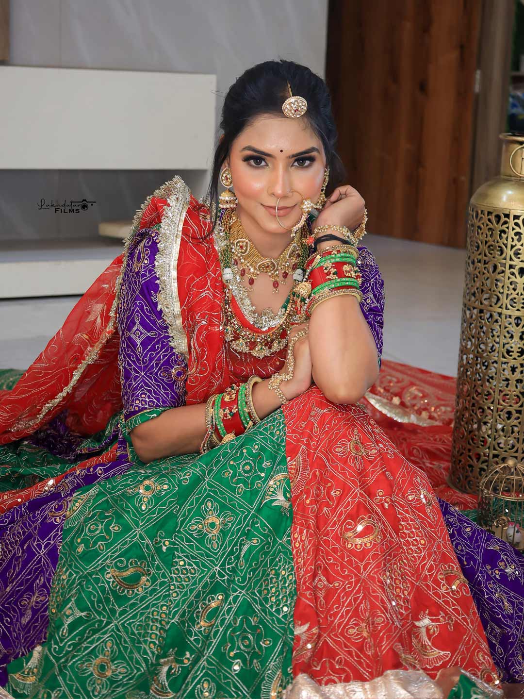 Georgette 7 Meter Flare Premium quality Bridal Rajputi Poshak In green and red color-91618