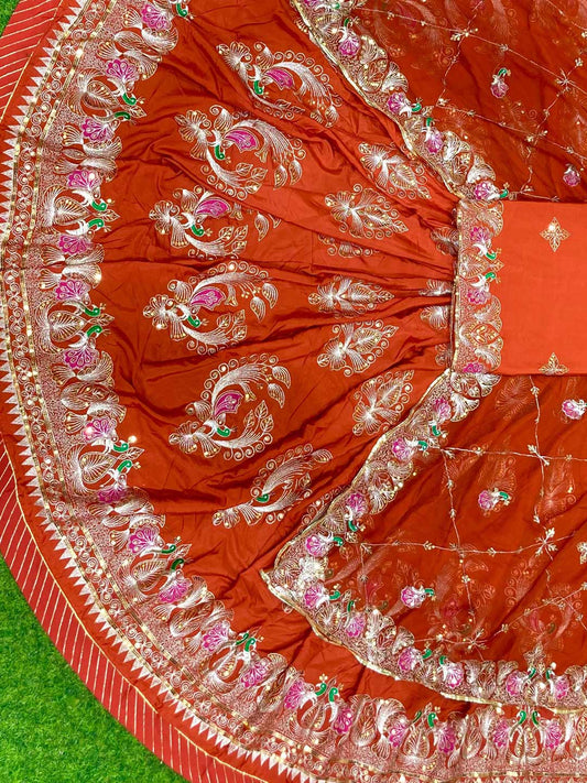 Crepe Silk 4 Meter Flare Mehendi Sangeet Rajputi Poshak In orange color-91624