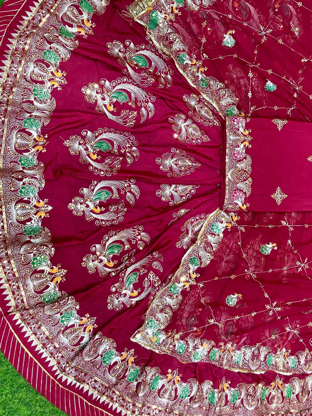 Crepe Silk 4 Meter Flare Mehendi Sangeet Rajputi Poshak In pink color-91622