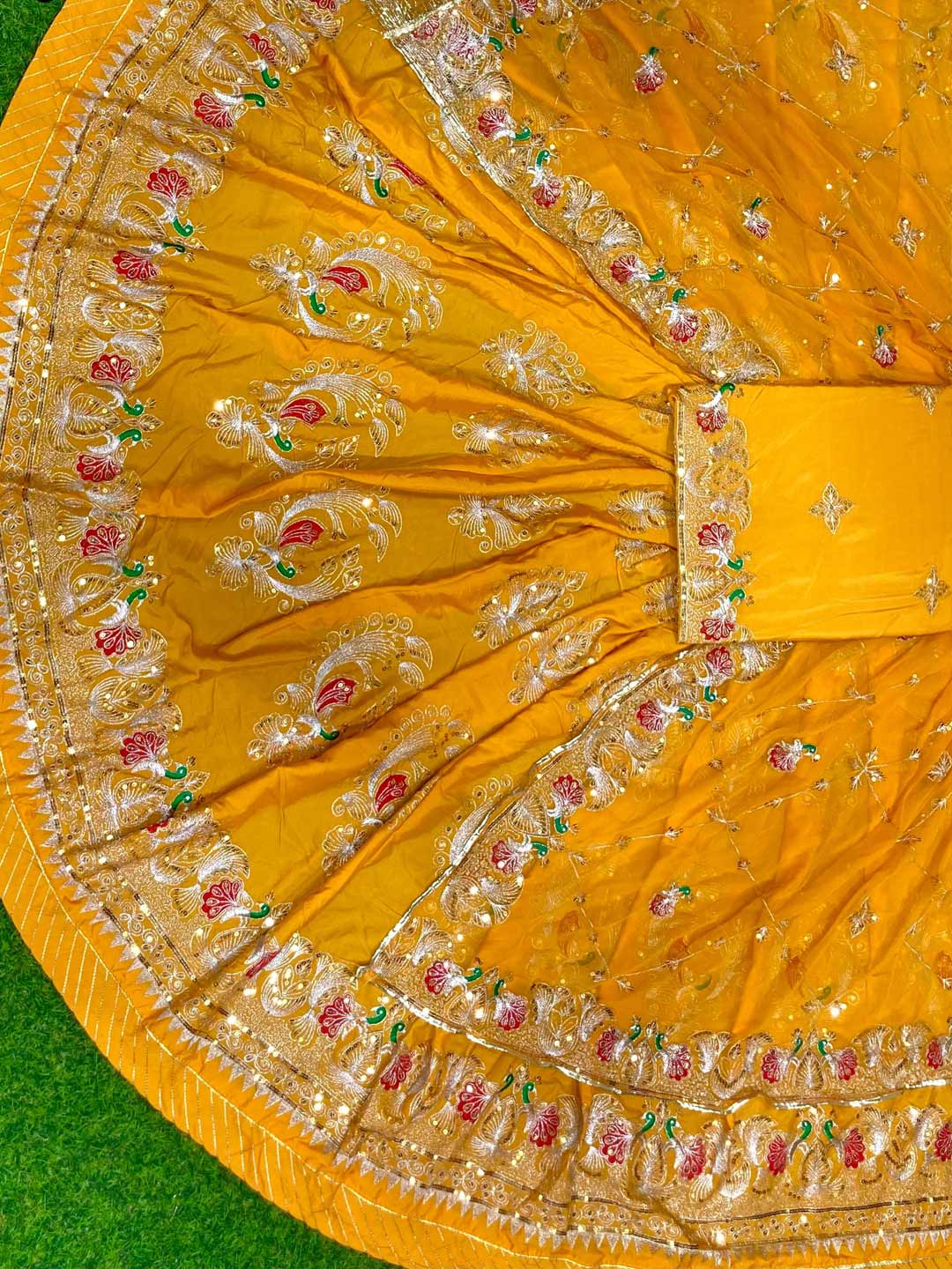 Crepe Silk 4 Meter Flare Mehendi Sangeet Rajputi Poshak In yellow color-91621
