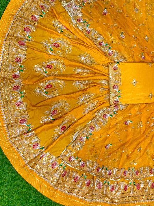 Crepe Silk 4 Meter Flare Mehendi Sangeet Rajputi Poshak In yellow color-91621